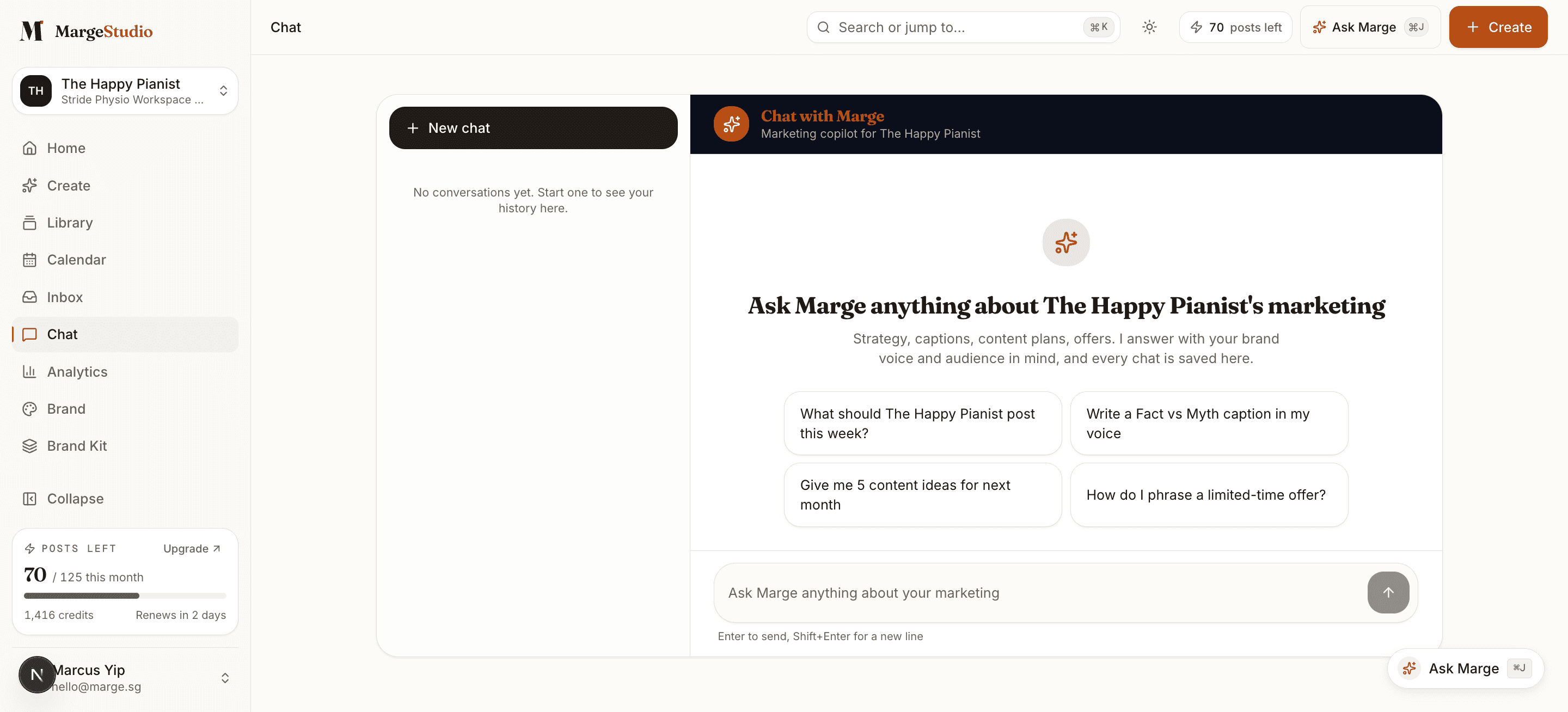 The Ask Marge chat screen, a marketing copilot that knows the brand's voice and content plan